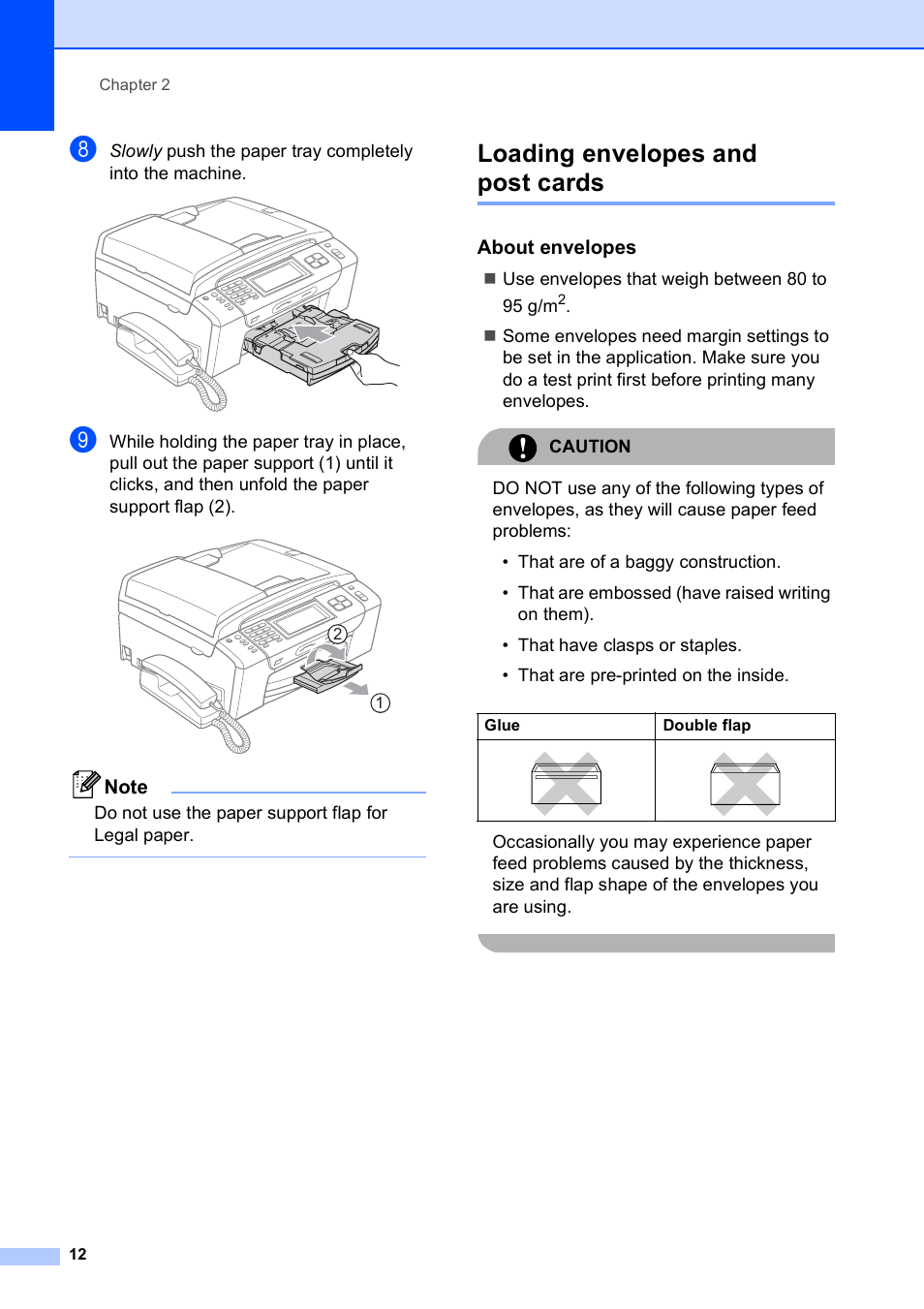 Loading envelopes and post cards, About envelopes | Brother MFC 990cw User Manual | Page 24 / 227
