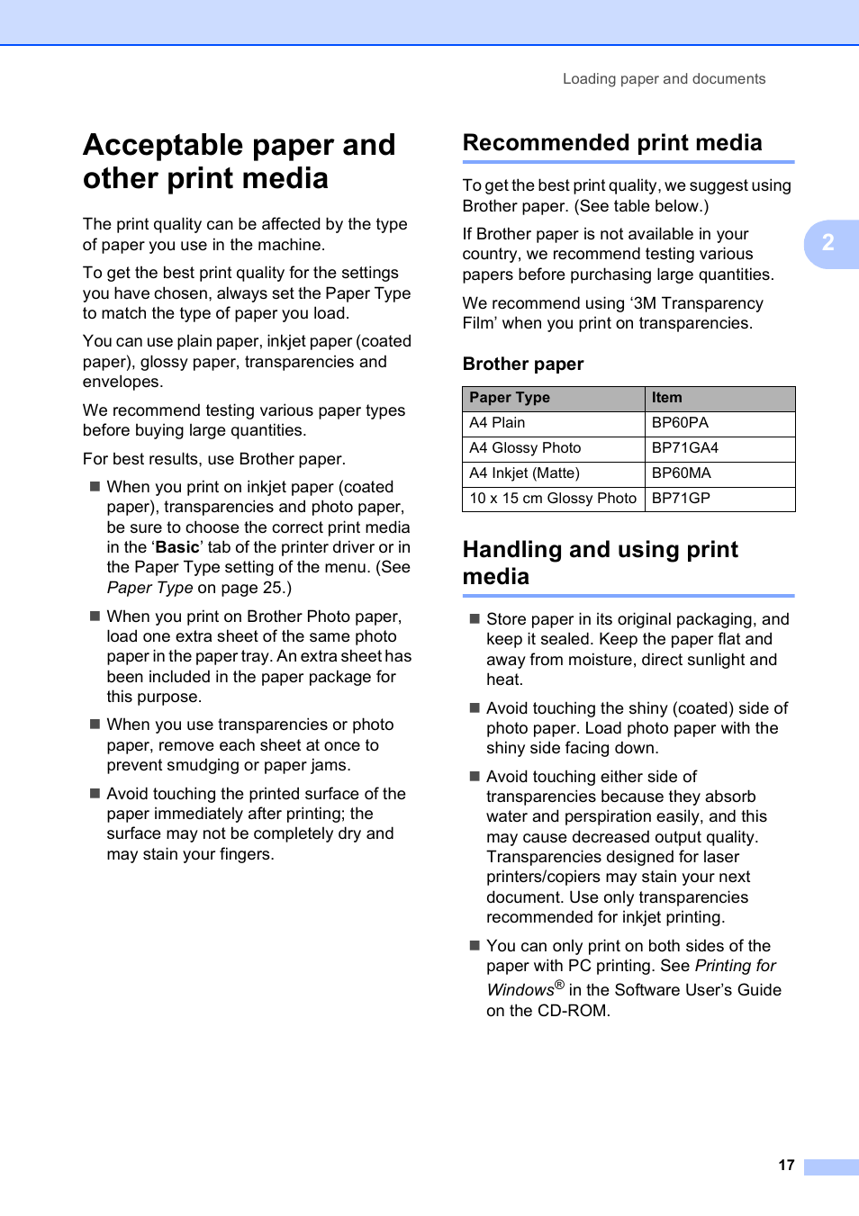 Acceptable paper and other print media, Recommended print media, Handling and using print media | Brother MFC 990cw User Manual | Page 29 / 227