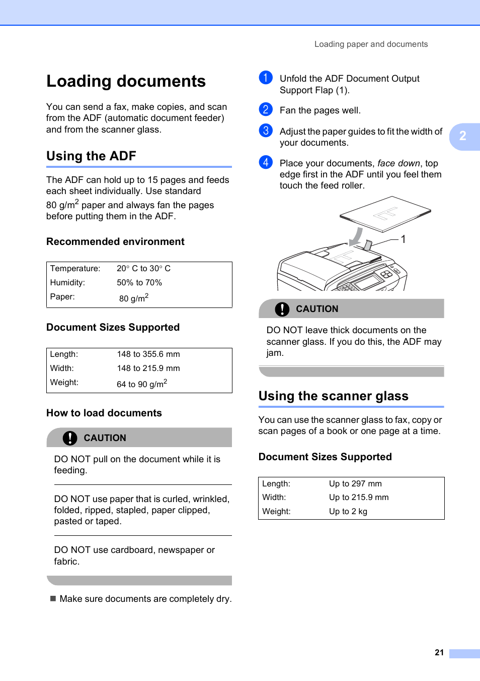 Loading documents, Using the adf, Recommended environment | Document sizes supported, How to load documents, Using the scanner glass, Using the adf using the scanner glass | Brother MFC 990cw User Manual | Page 33 / 227