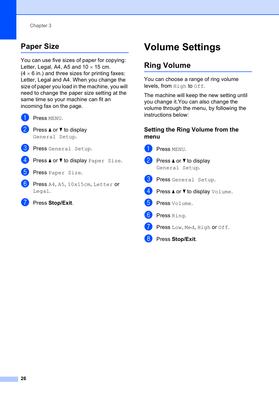 Paper size, Volume settings, Ring volume | Setting the ring volume from the menu | Brother MFC 990cw User Manual | Page 38 / 227