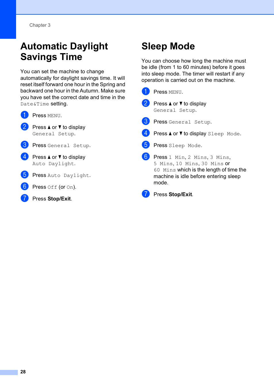 Automatic daylight savings time, Sleep mode, Automatic daylight savings time sleep mode | Brother MFC 990cw User Manual | Page 40 / 227