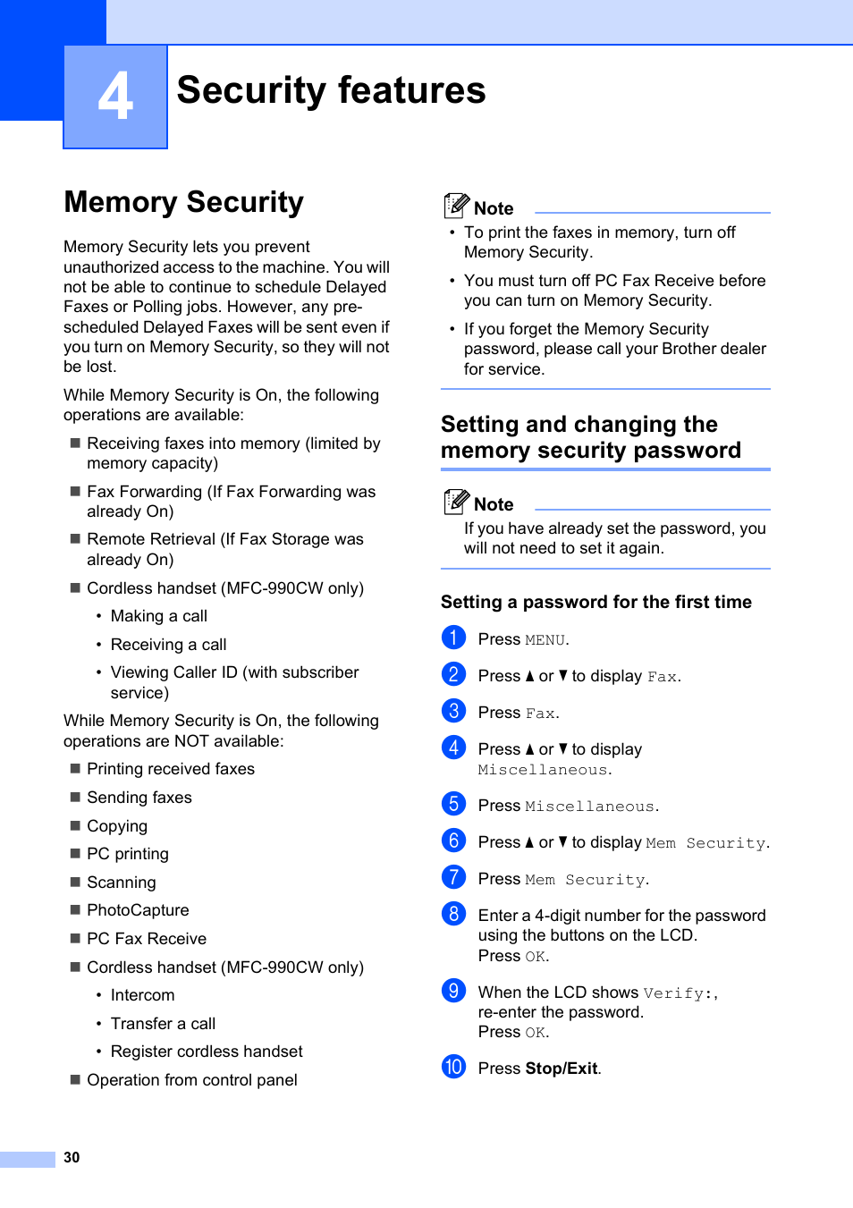 4 security features, Memory security, Setting and changing the memory security password | Setting a password for the first time, Security features | Brother MFC 990cw User Manual | Page 42 / 227