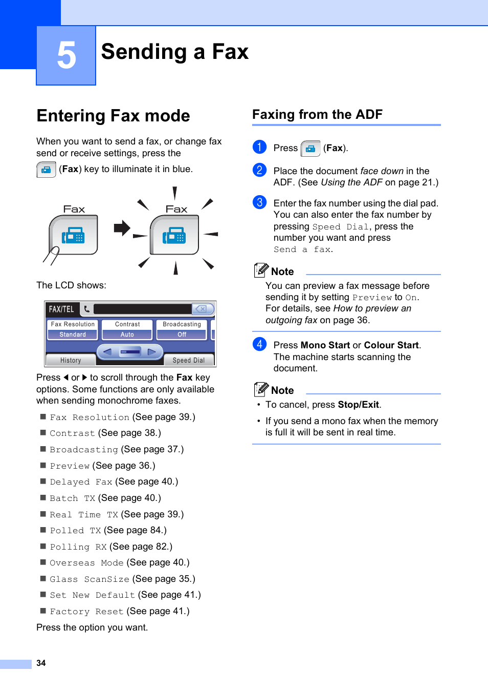 5 sending a fax, Entering fax mode, Faxing from the adf | Sending a fax | Brother MFC 990cw User Manual | Page 46 / 227