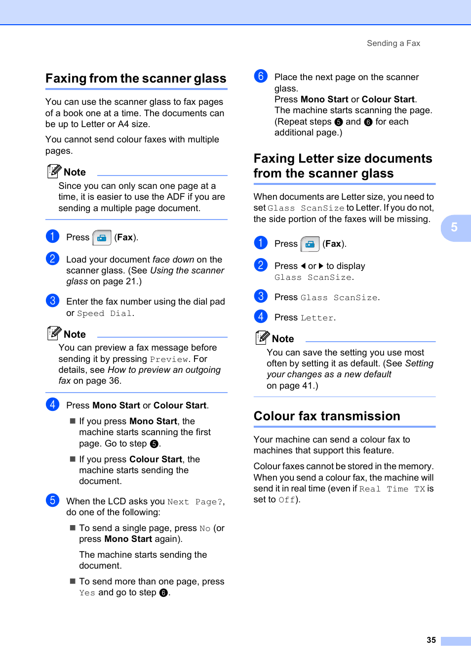 Faxing from the scanner glass, Colour fax transmission, 5faxing from the scanner glass | Brother MFC 990cw User Manual | Page 47 / 227