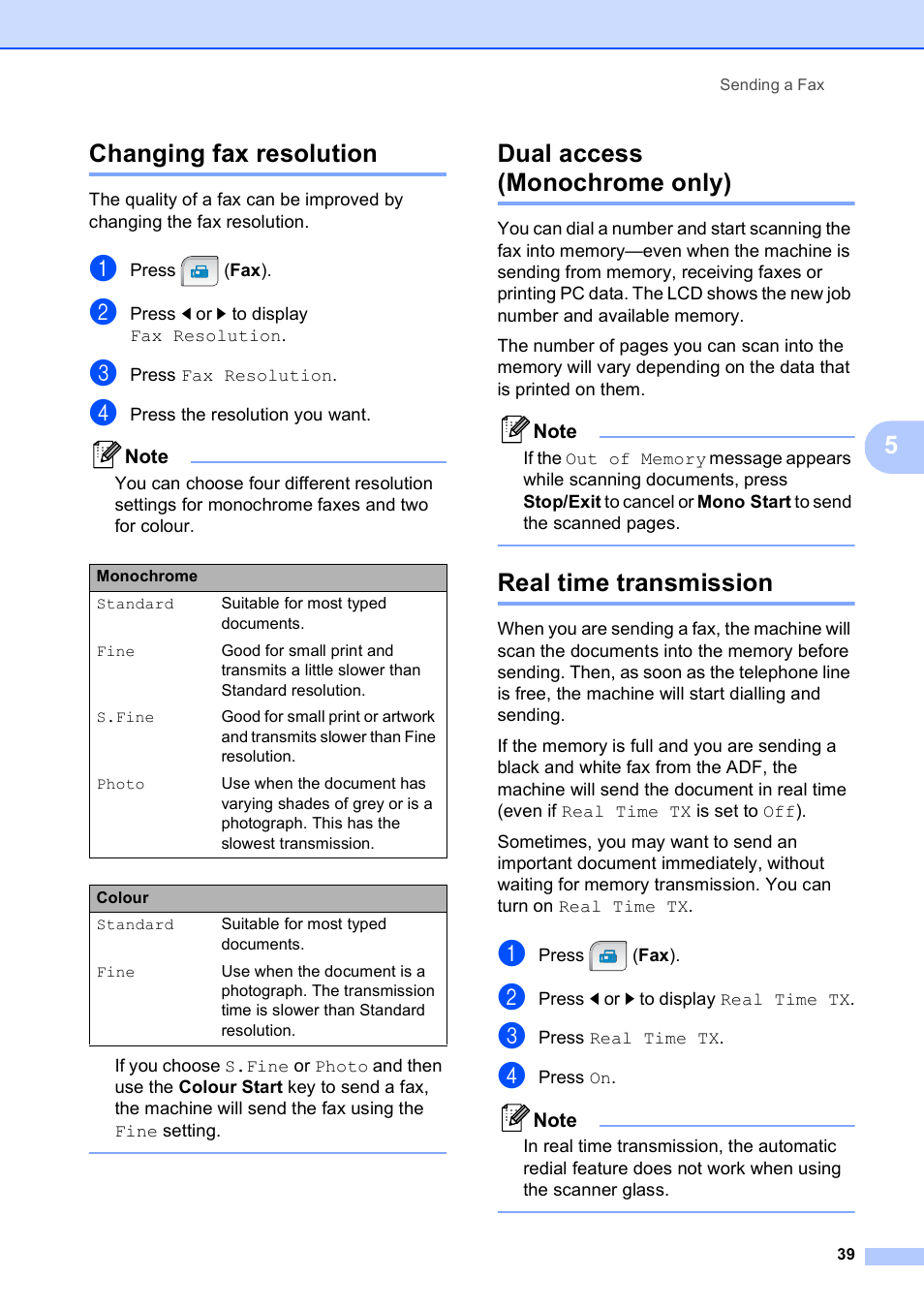 Changing fax resolution, Dual access (monochrome only), Real time transmission | 5changing fax resolution | Brother MFC 990cw User Manual | Page 51 / 227