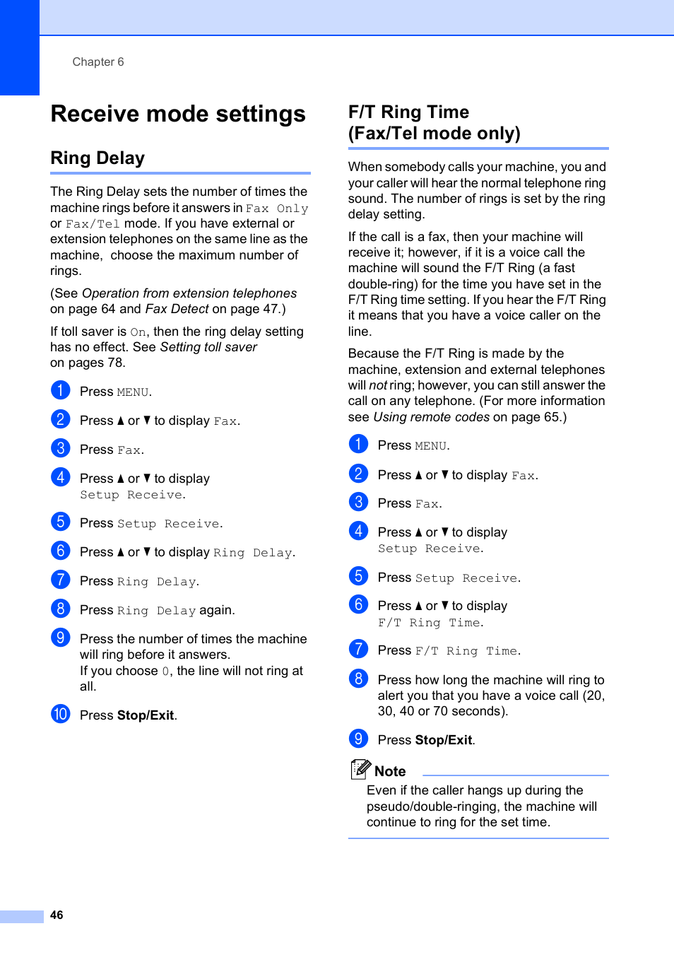 Receive mode settings, Ring delay, F/t ring time (fax/tel mode only) | Ring delay f/t ring time (fax/tel mode only) | Brother MFC 990cw User Manual | Page 58 / 227