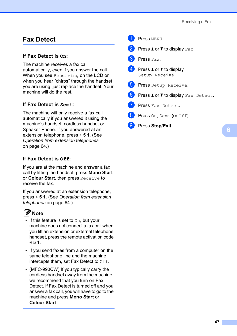 Fax detect, If fax detect is on, If fax detect is semi | If fax detect is off, 6fax detect | Brother MFC 990cw User Manual | Page 59 / 227