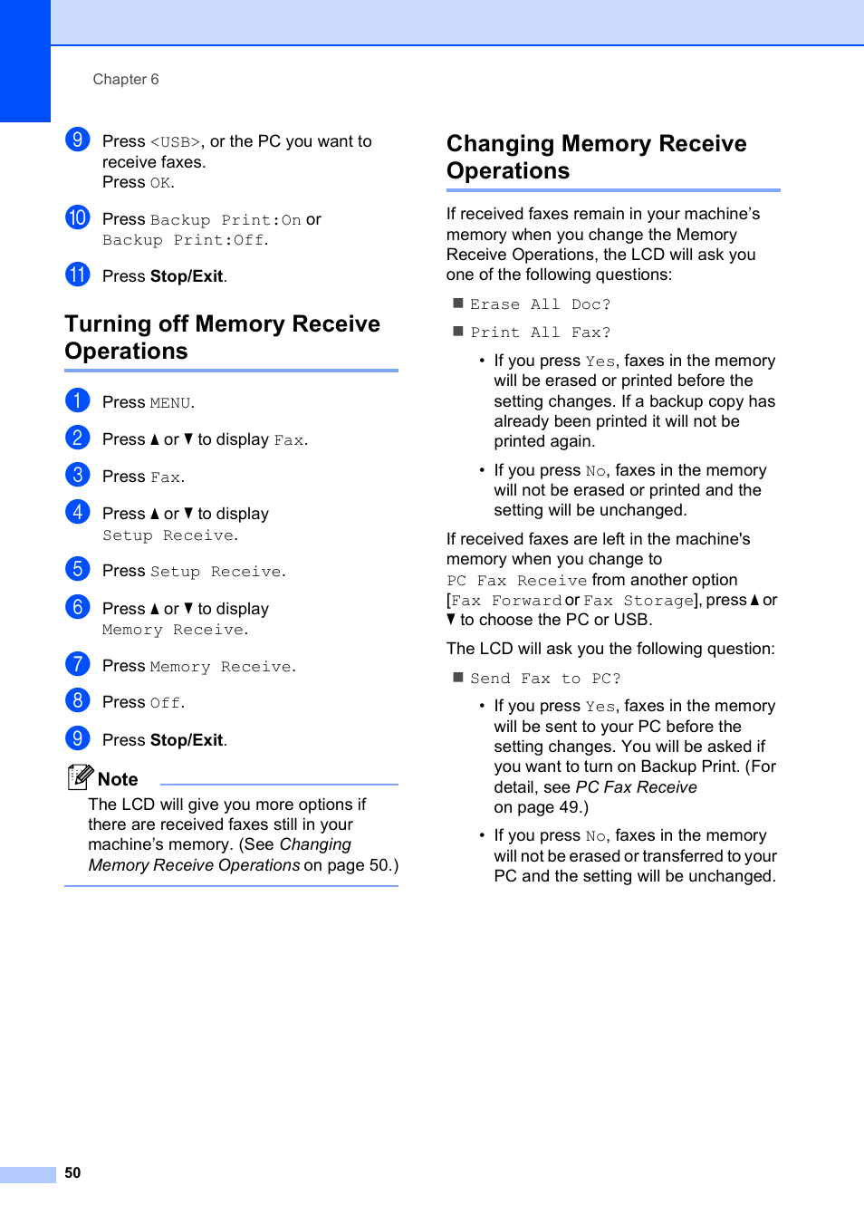 Turning off memory receive operations, Changing memory receive operations | Brother MFC 990cw User Manual | Page 62 / 227