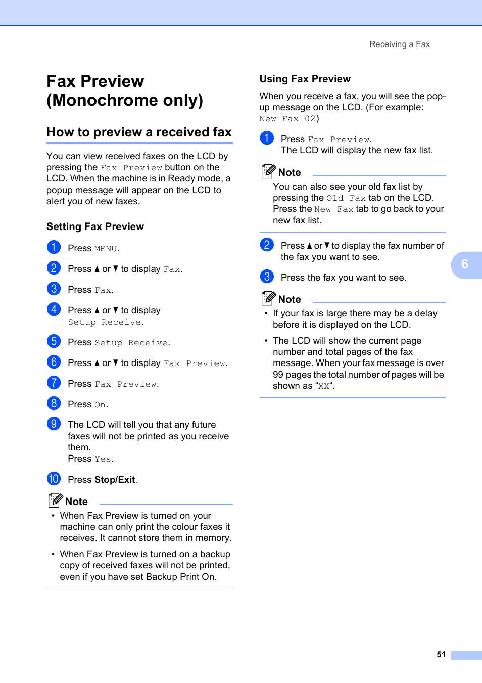 Fax preview (monochrome only), How to preview a received fax, Setting fax preview | Using fax preview | Brother MFC 990cw User Manual | Page 63 / 227