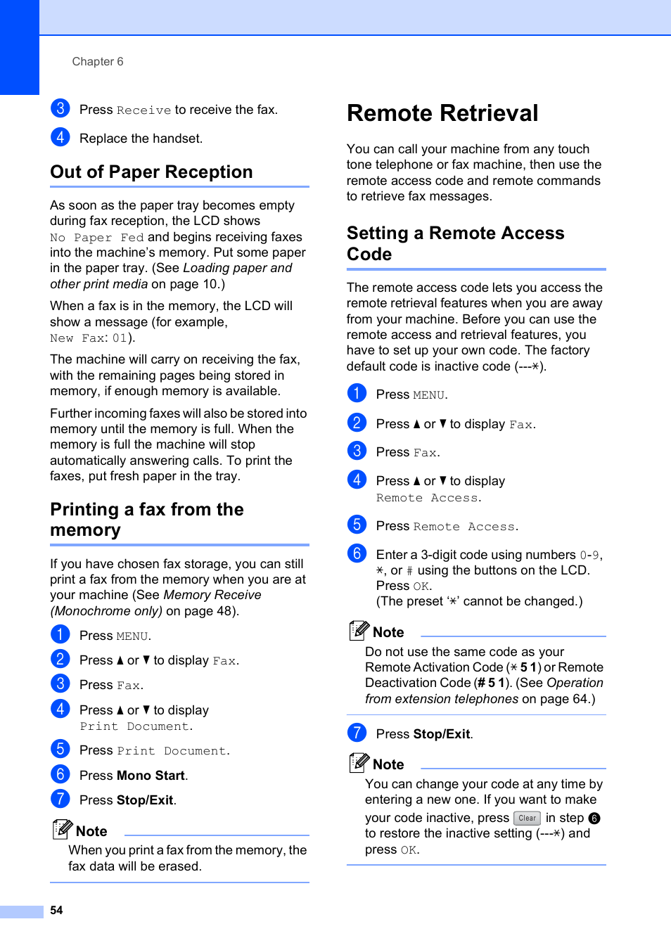 Out of paper reception, Printing a fax from the memory, Remote retrieval | Setting a remote access code | Brother MFC 990cw User Manual | Page 66 / 227