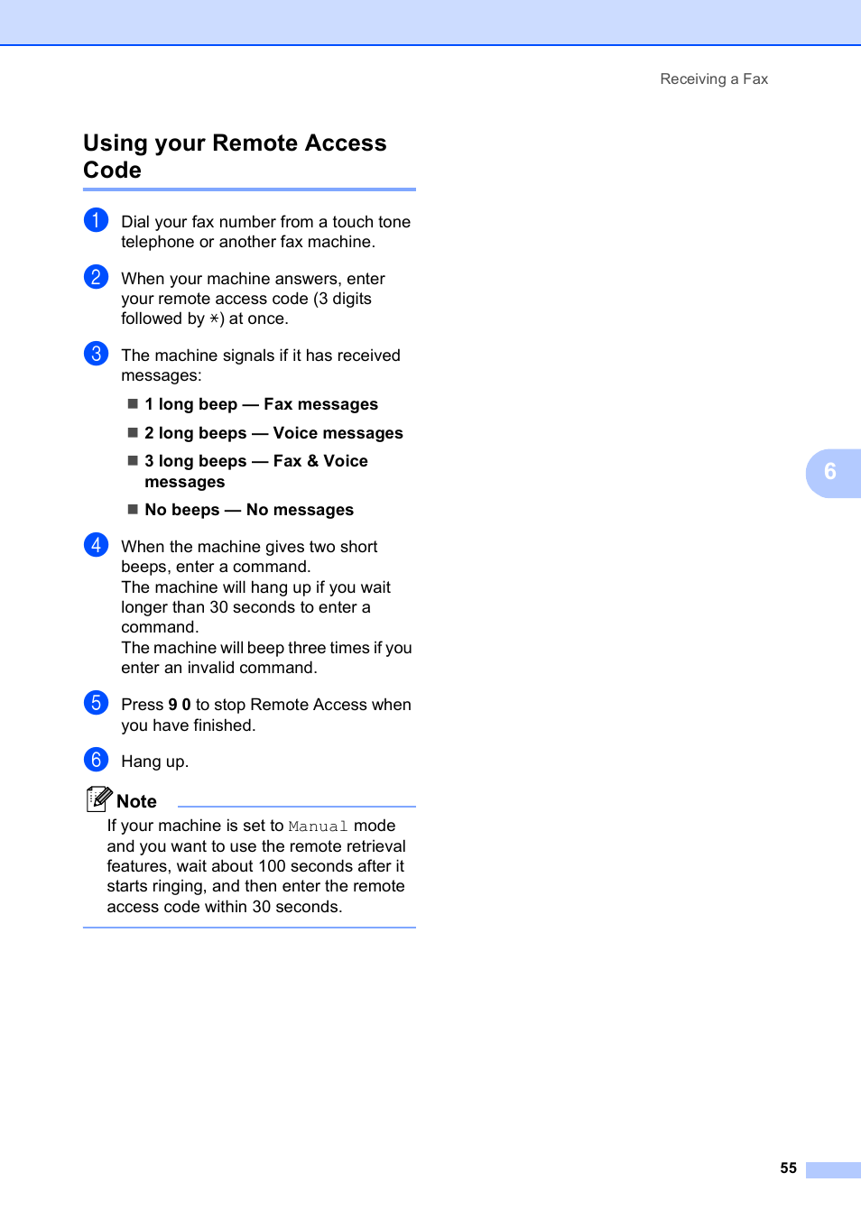 Using your remote access code, 6using your remote access code | Brother MFC 990cw User Manual | Page 67 / 227