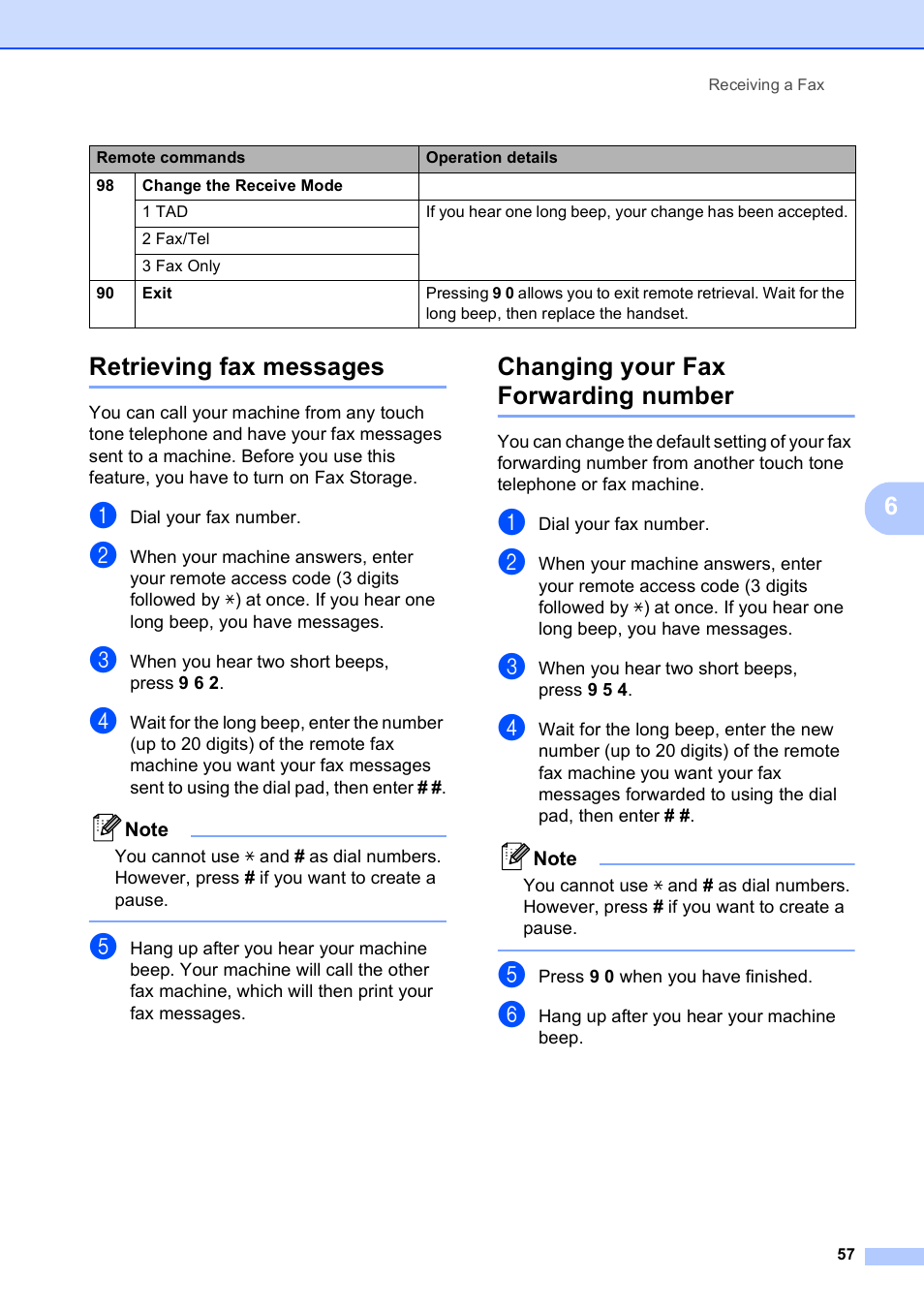 Retrieving fax messages, Changing your fax forwarding number, 6retrieving fax messages | Brother MFC 990cw User Manual | Page 69 / 227