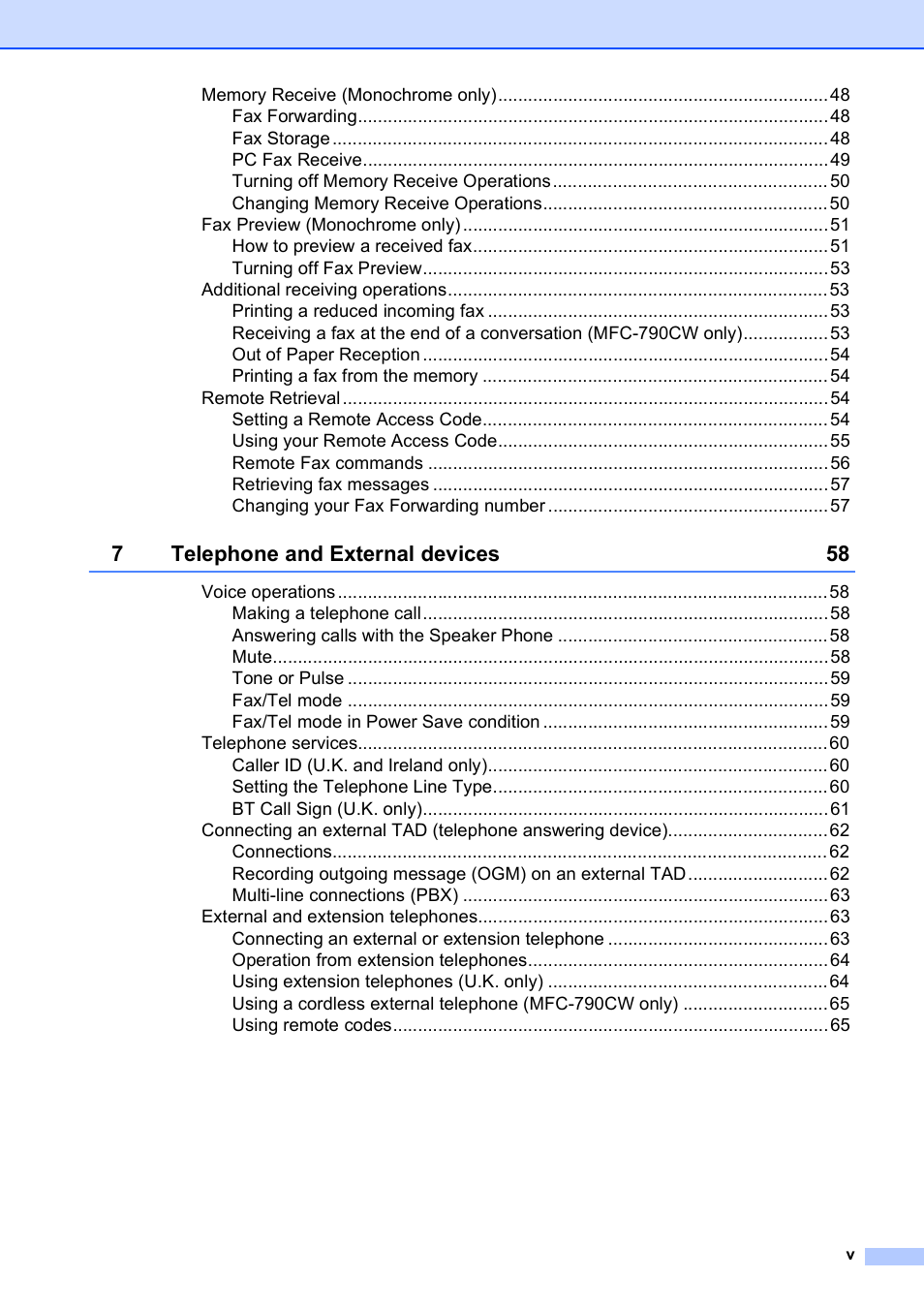 7telephone and external devices 58 | Brother MFC 990cw User Manual | Page 7 / 227