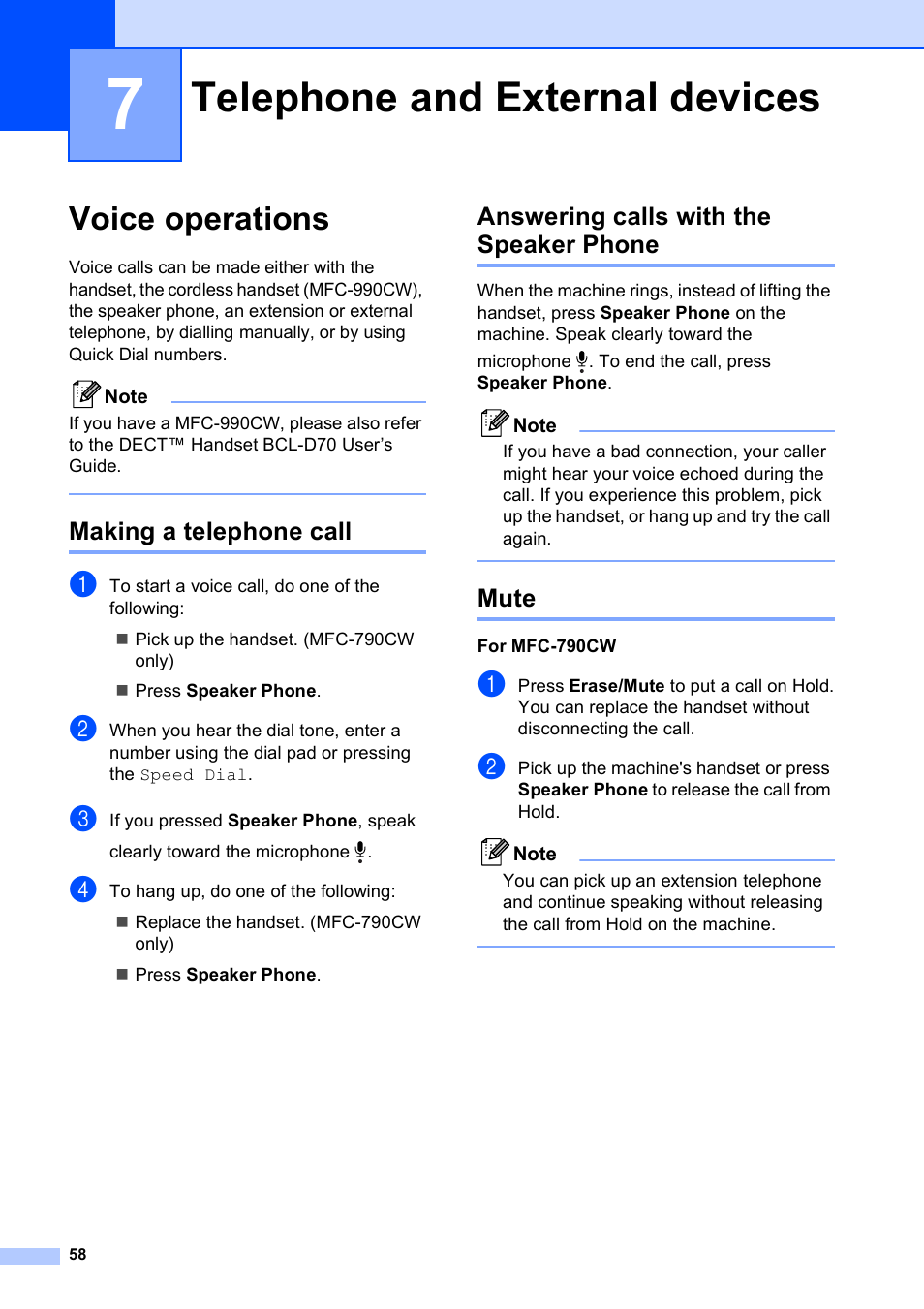 7 telephone and external devices, Voice operations, Making a telephone call | Answering calls with the speaker phone, Mute, Telephone and external devices | Brother MFC 990cw User Manual | Page 70 / 227