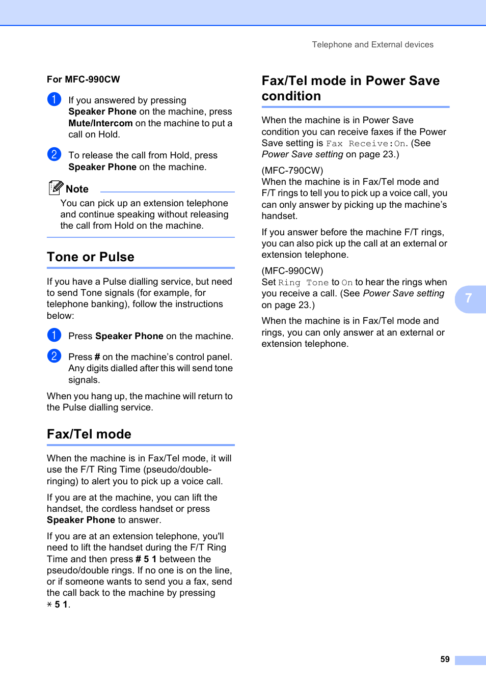 Tone or pulse, Fax/tel mode, Fax/tel mode in power save condition | Brother MFC 990cw User Manual | Page 71 / 227