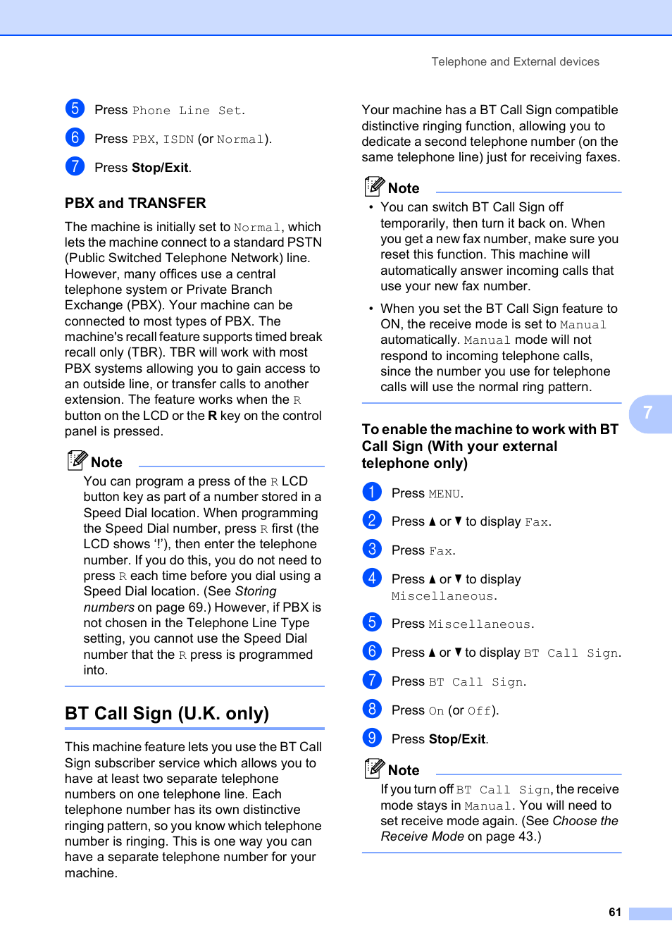 Pbx and transfer, Bt call sign (u.k. only) | Brother MFC 990cw User Manual | Page 73 / 227