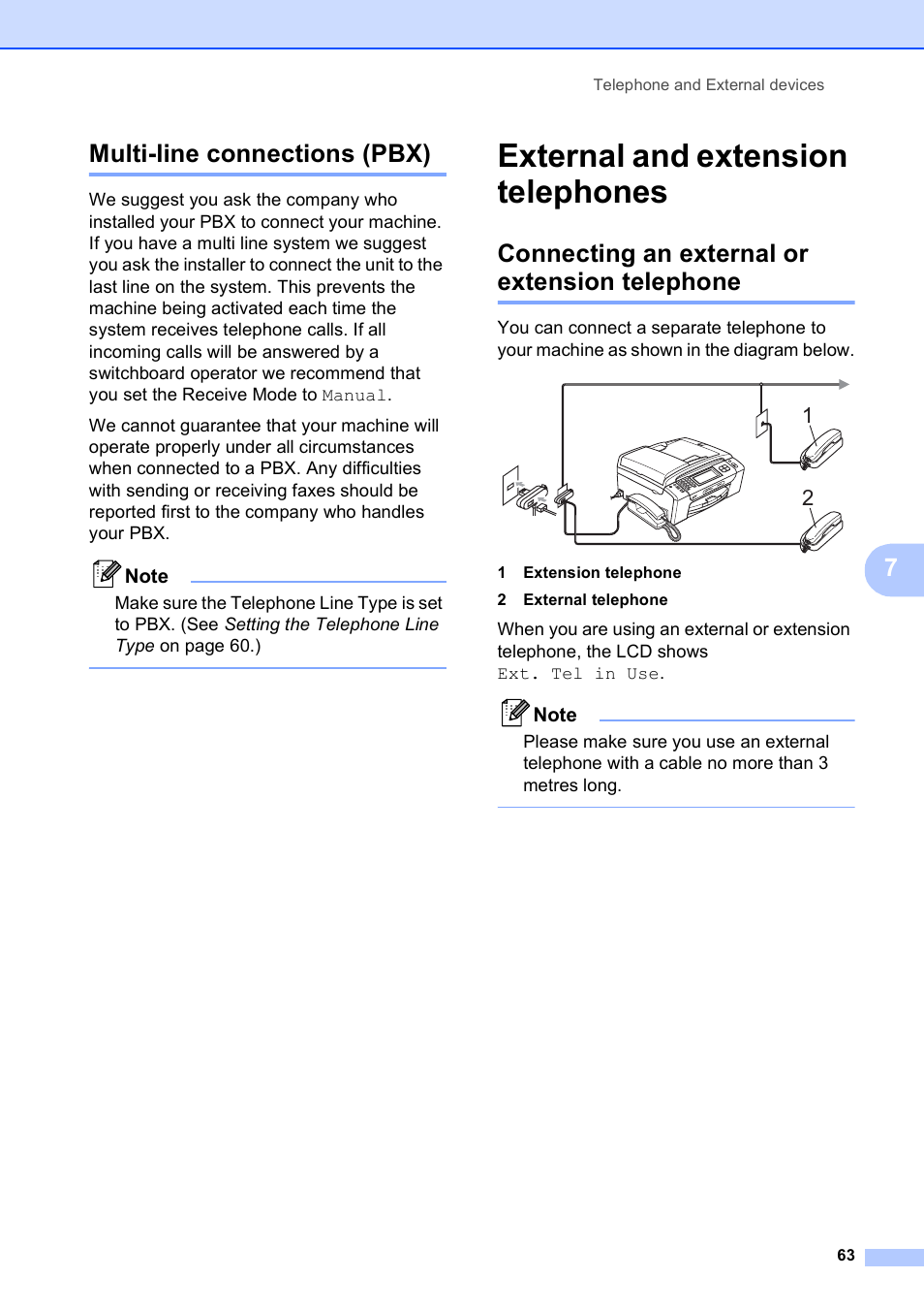 Multi-line connections (pbx), External and extension telephones, Connecting an external or extension telephone | 7multi-line connections (pbx) | Brother MFC 990cw User Manual | Page 75 / 227