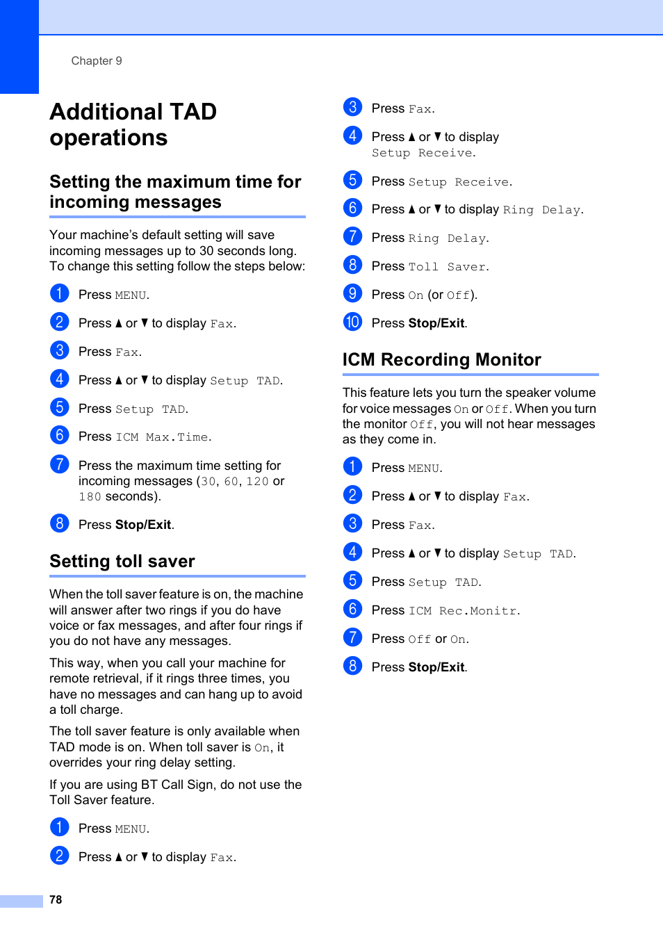 Additional tad operations, Setting the maximum time for incoming messages, Setting toll saver | Icm recording monitor | Brother MFC 990cw User Manual | Page 90 / 227