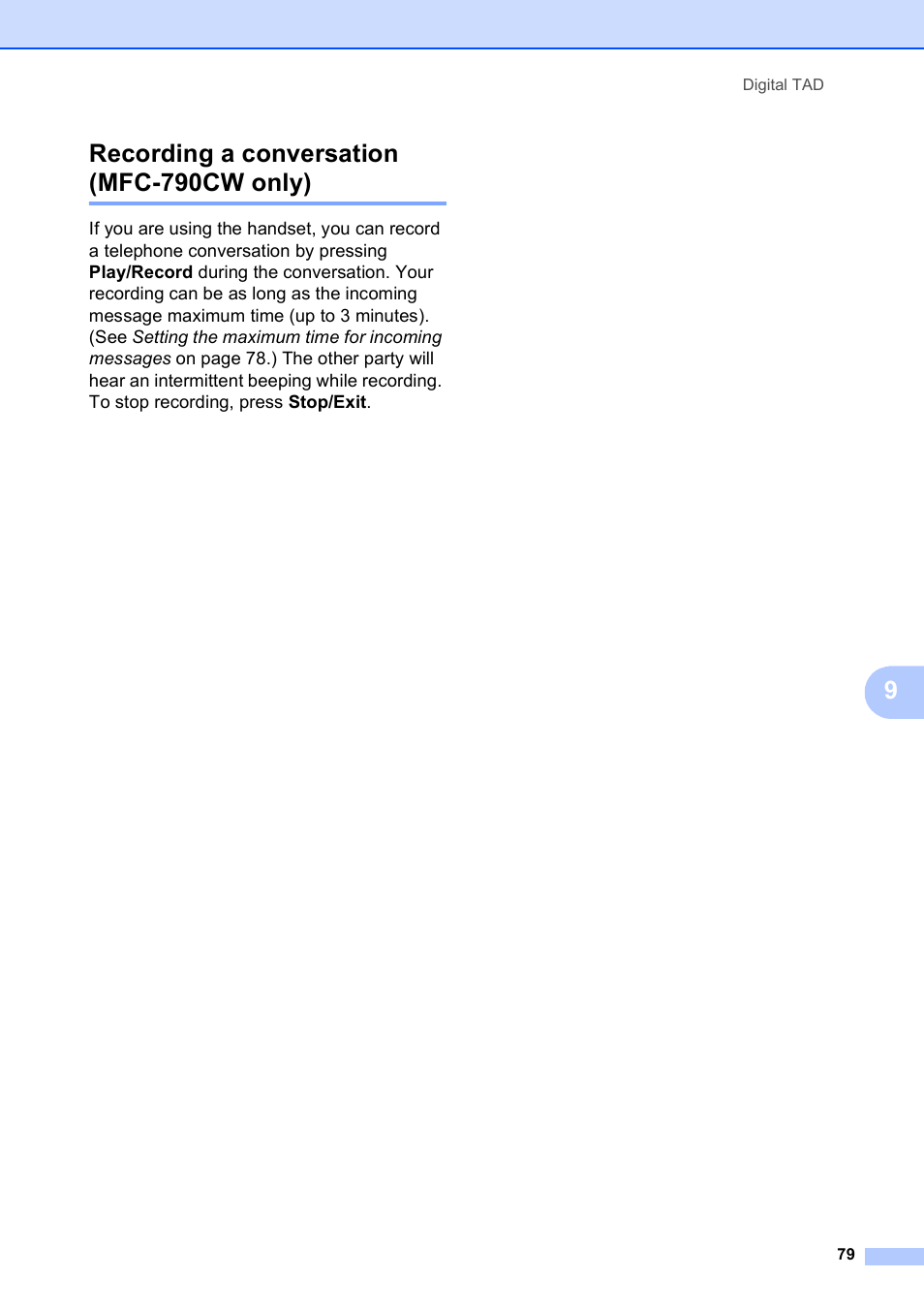 Recording a conversation (mfc-790cw only), 9recording a conversation (mfc-790cw only) | Brother MFC 990cw User Manual | Page 91 / 227