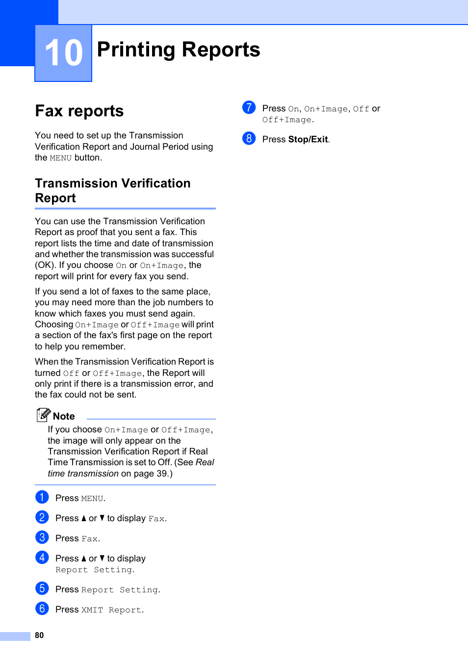 10 printing reports, Fax reports, Transmission verification report | Printing reports | Brother MFC 990cw User Manual | Page 92 / 227