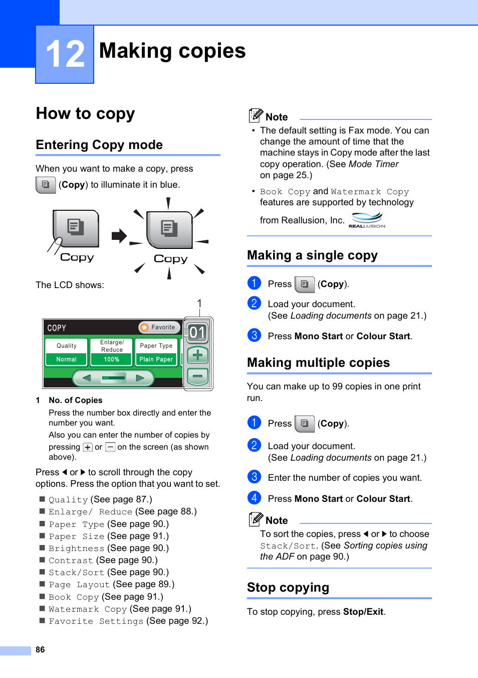 12 making copies, How to copy, Entering copy mode | Making a single copy, Making multiple copies, Stop copying, Making copies | Brother MFC 990cw User Manual | Page 98 / 227