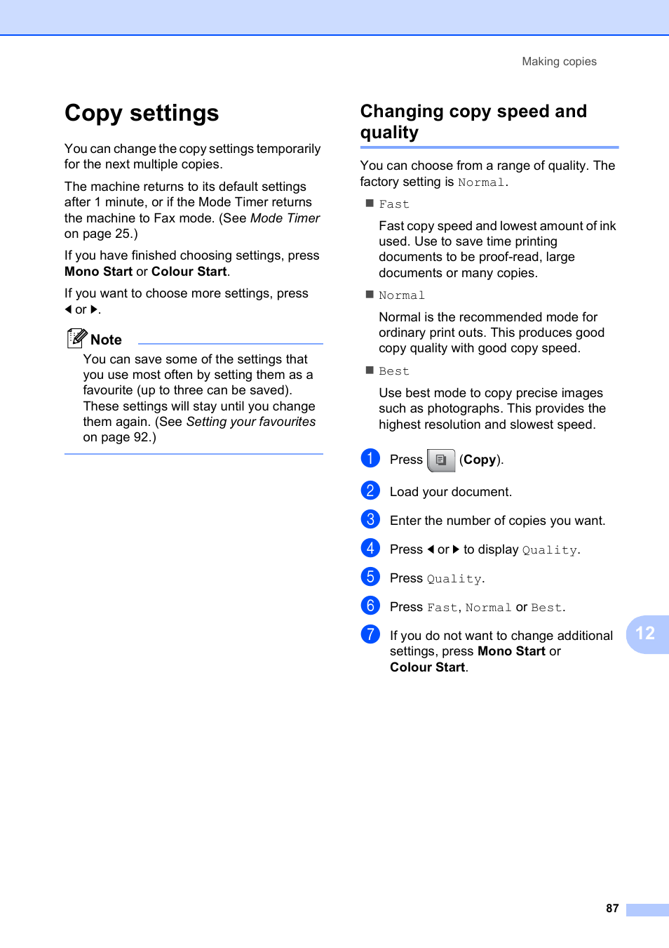 Copy settings, Changing copy speed and quality | Brother MFC 990cw User Manual | Page 99 / 227