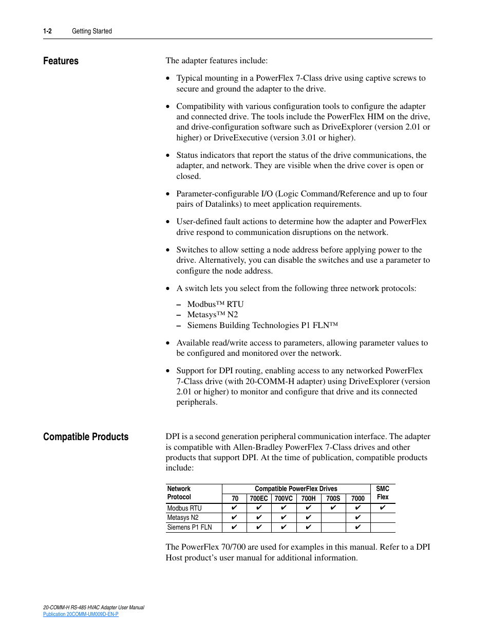 Features, Compatible products, Features -2 compatible products -2 | Rockwell Automation 20-COMM-H RS485 HVAC Adapter FRN 2.xxx User Manual | Page 10 / 100