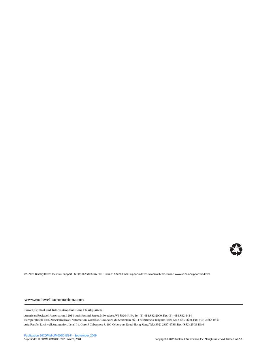 Back cover/pub no./date, Publication 20comm-um009d-en-p | Rockwell Automation 20-COMM-H RS485 HVAC Adapter FRN 2.xxx User Manual | Page 100 / 100