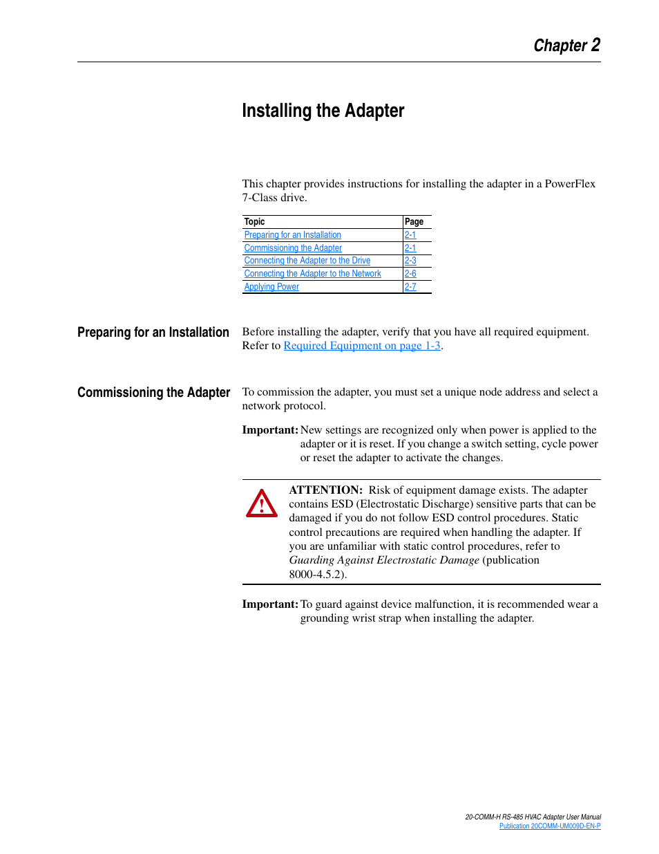 Chapter 2, Installing the adapter, Preparing for an installation | Commissioning the adapter | Rockwell Automation 20-COMM-H RS485 HVAC Adapter FRN 2.xxx User Manual | Page 15 / 100