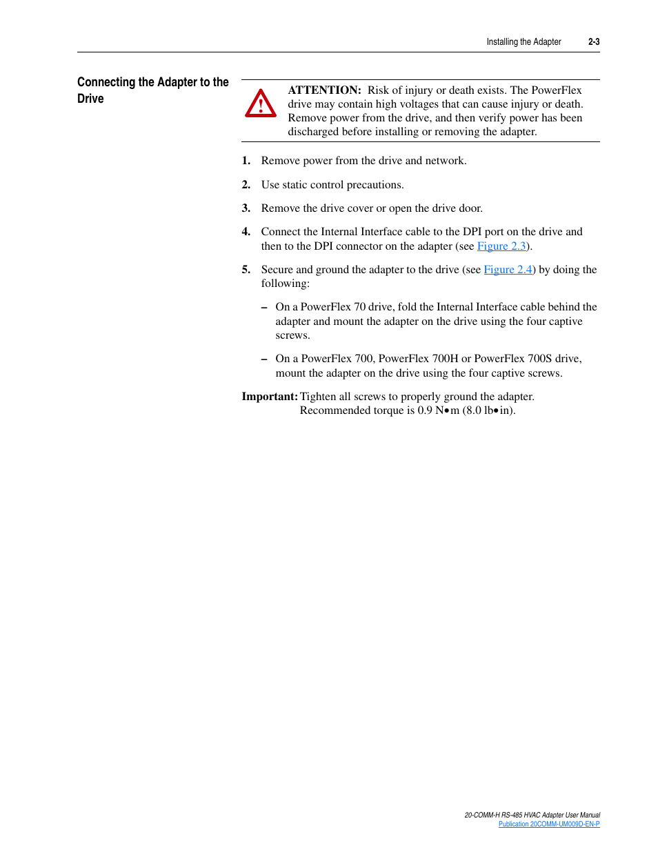 Connecting the adapter to the drive, Connecting the adapter to the drive -3 | Rockwell Automation 20-COMM-H RS485 HVAC Adapter FRN 2.xxx User Manual | Page 17 / 100