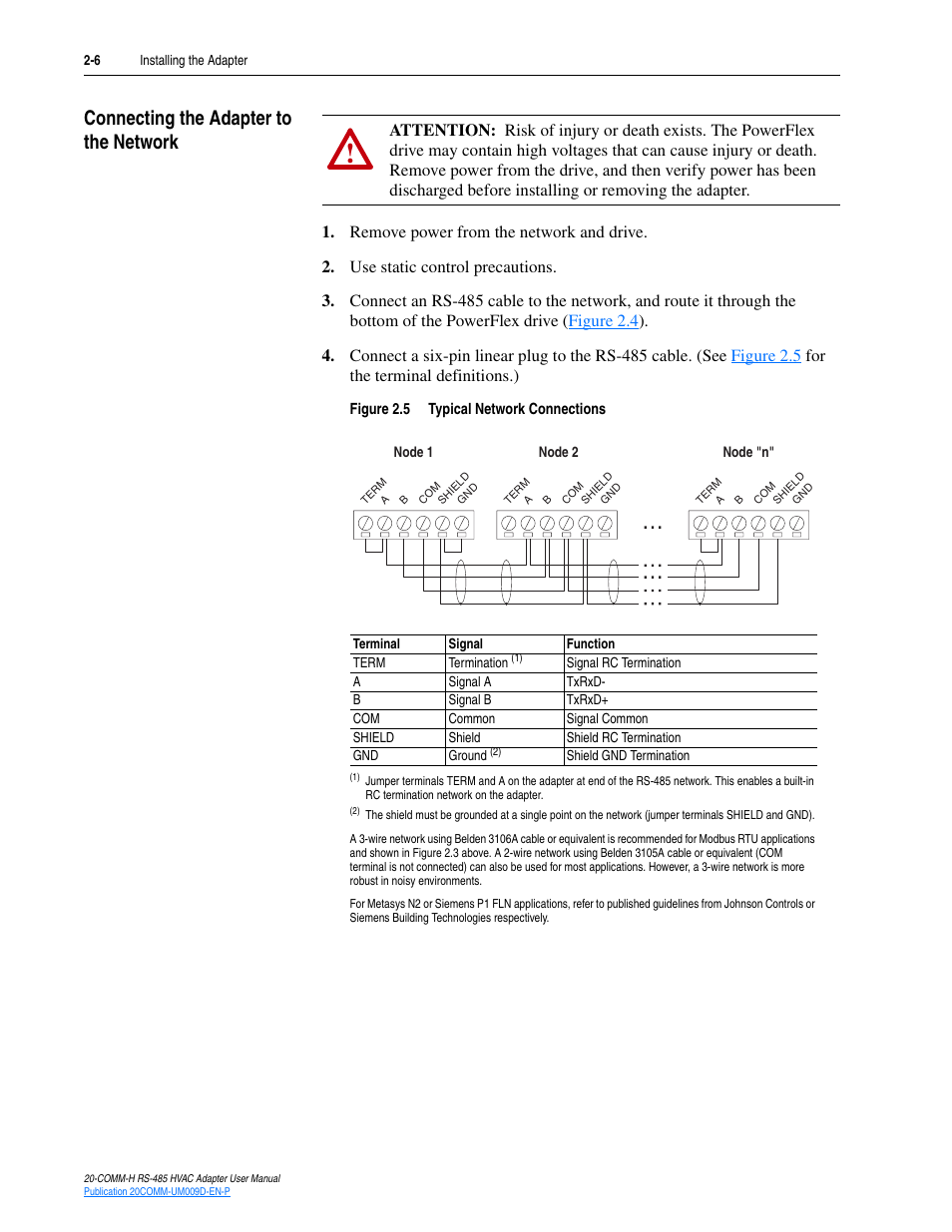 Connecting the adapter to the network, Connecting the adapter to the network -6 | Rockwell Automation 20-COMM-H RS485 HVAC Adapter FRN 2.xxx User Manual | Page 20 / 100