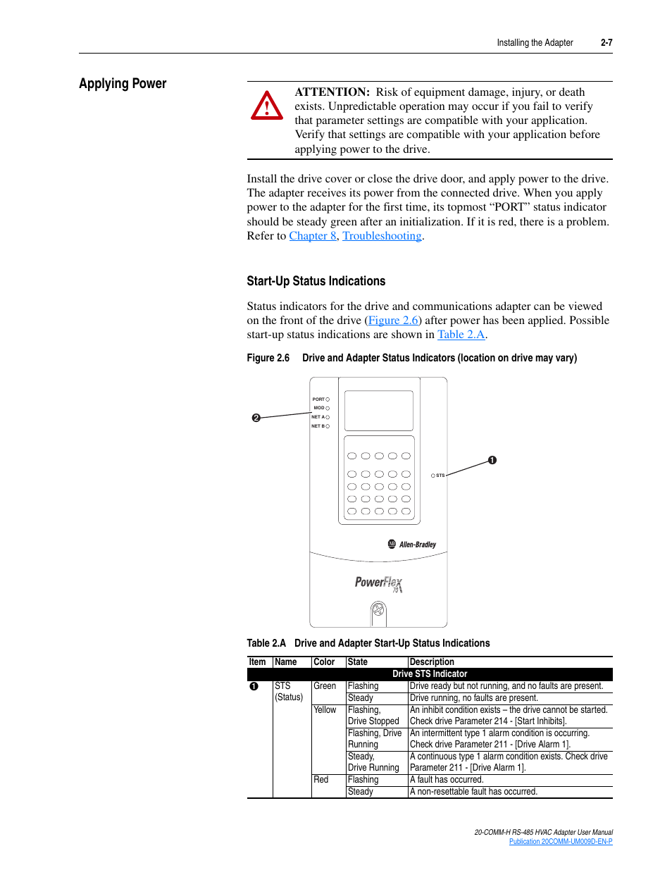 Applying power, Start-up status indications, Applying power -7 | Rockwell Automation 20-COMM-H RS485 HVAC Adapter FRN 2.xxx User Manual | Page 21 / 100