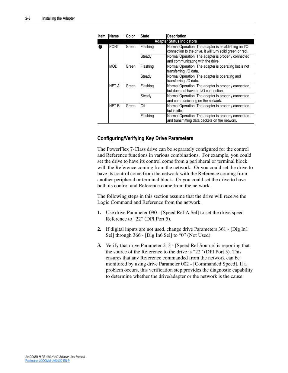 Configuring/verifying key drive parameters | Rockwell Automation 20-COMM-H RS485 HVAC Adapter FRN 2.xxx User Manual | Page 22 / 100