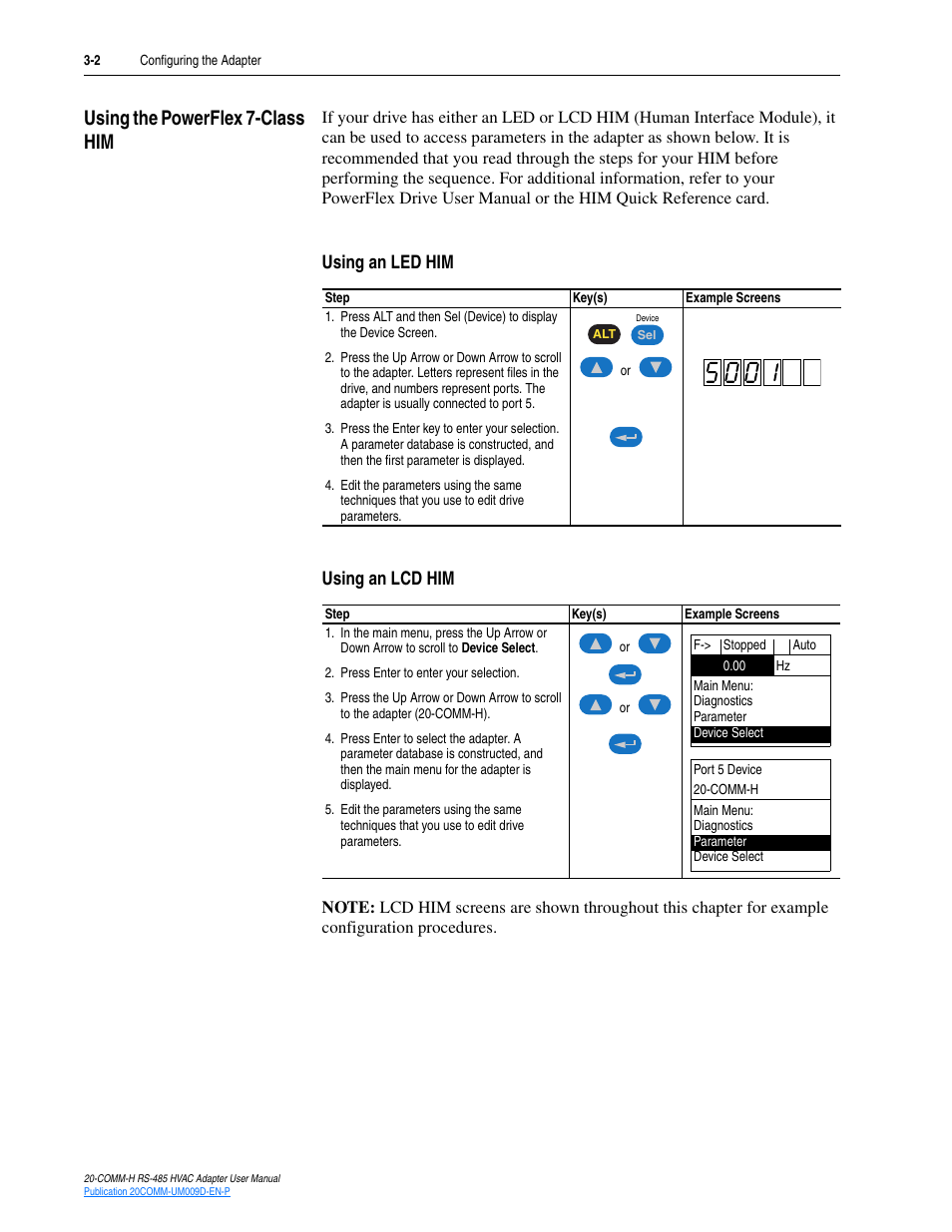 Using the powerflex 7-class him, Using an led him, Using an lcd him | Using the powerflex 7-class him -2 | Rockwell Automation 20-COMM-H RS485 HVAC Adapter FRN 2.xxx User Manual | Page 24 / 100