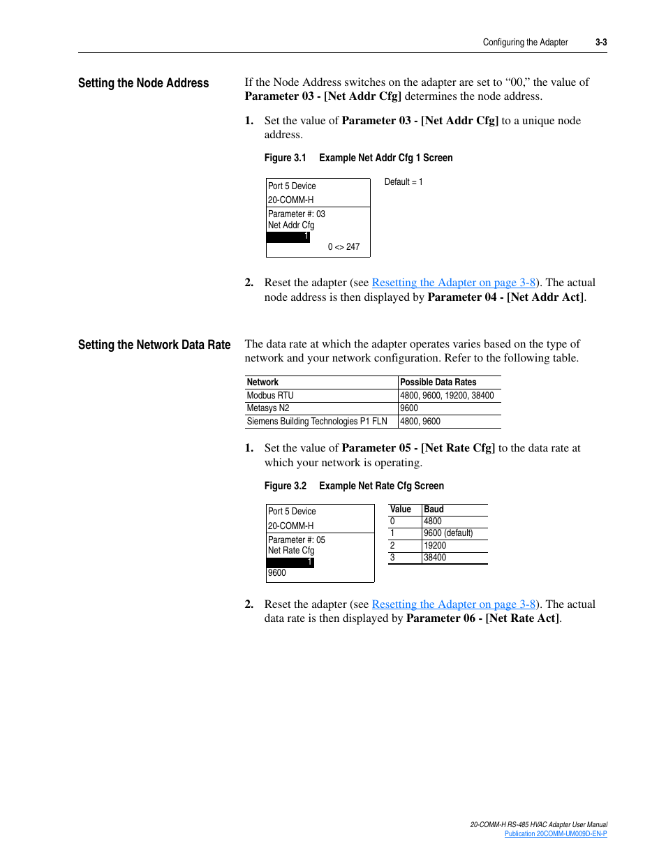 Setting the node address, Setting the network data rate | Rockwell Automation 20-COMM-H RS485 HVAC Adapter FRN 2.xxx User Manual | Page 25 / 100