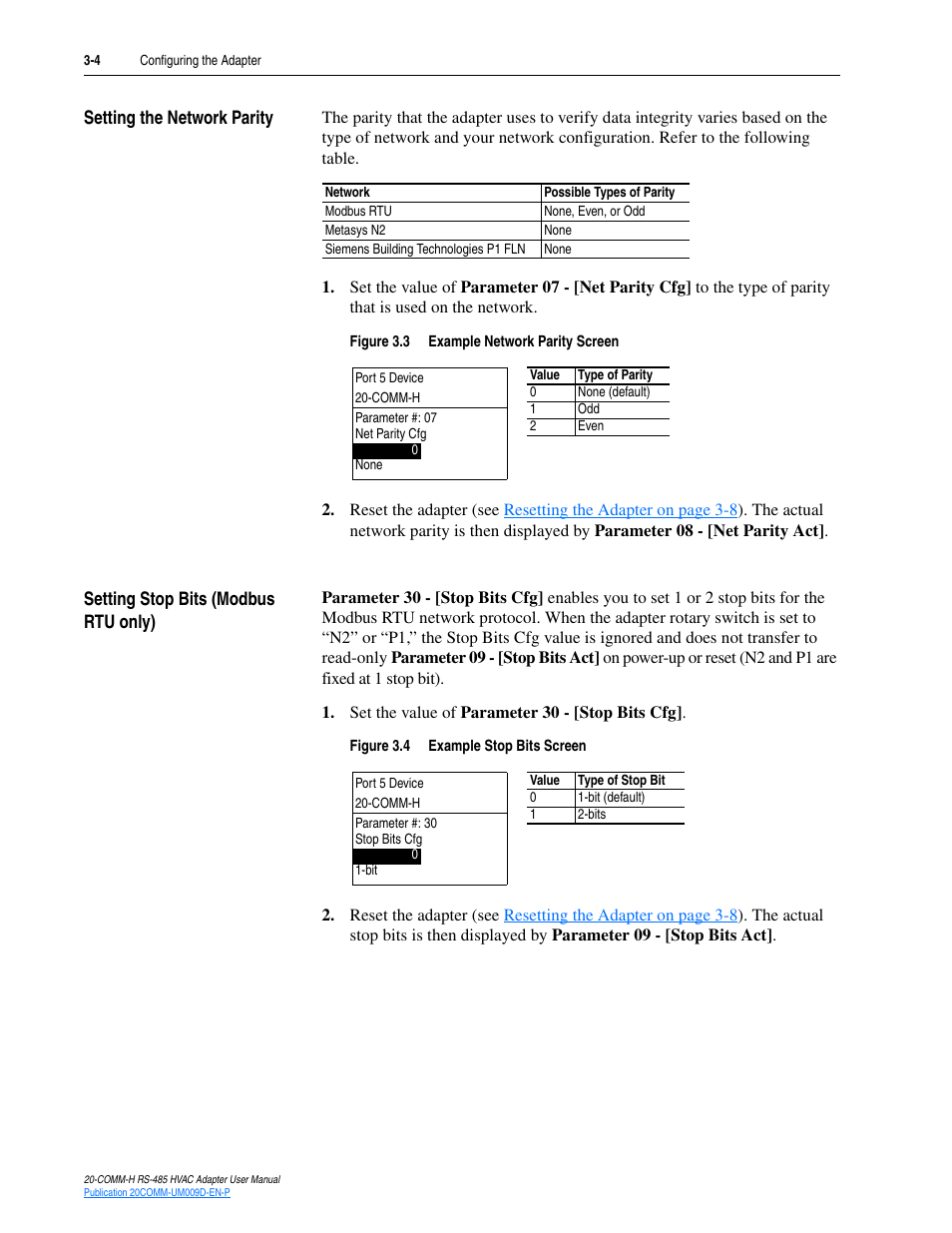 Setting the network parity, Setting stop bits (modbus rtu only) | Rockwell Automation 20-COMM-H RS485 HVAC Adapter FRN 2.xxx User Manual | Page 26 / 100