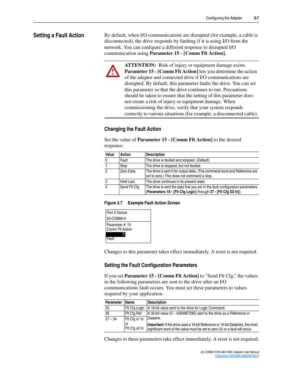 Setting a fault action, Changing the fault action, Setting the fault configuration parameters | Setting a fault action -7 | Rockwell Automation 20-COMM-H RS485 HVAC Adapter FRN 2.xxx User Manual | Page 29 / 100