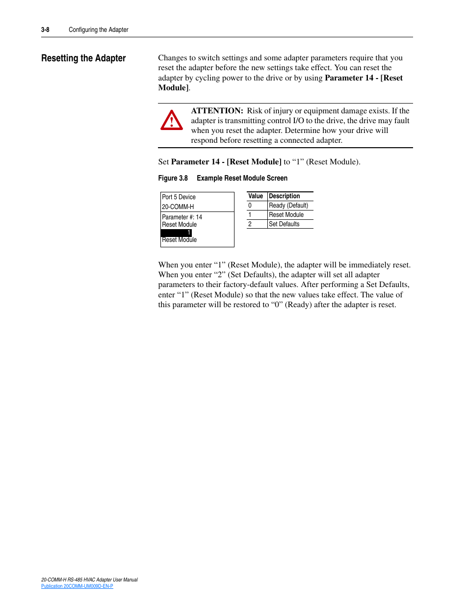 Resetting the adapter, Resetting the adapter -8 | Rockwell Automation 20-COMM-H RS485 HVAC Adapter FRN 2.xxx User Manual | Page 30 / 100