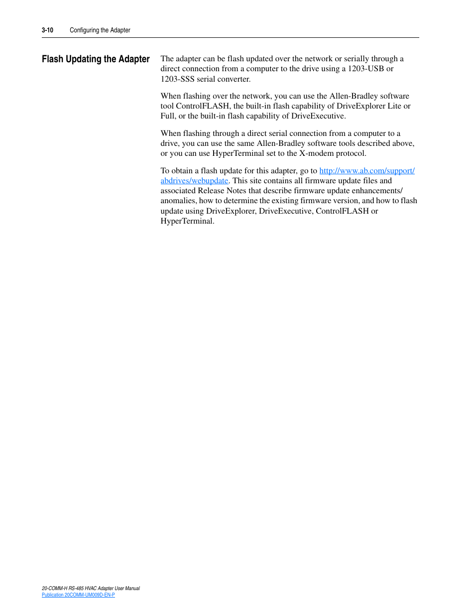 Flash updating the adapter, Flash updating the adapter -10 | Rockwell Automation 20-COMM-H RS485 HVAC Adapter FRN 2.xxx User Manual | Page 32 / 100