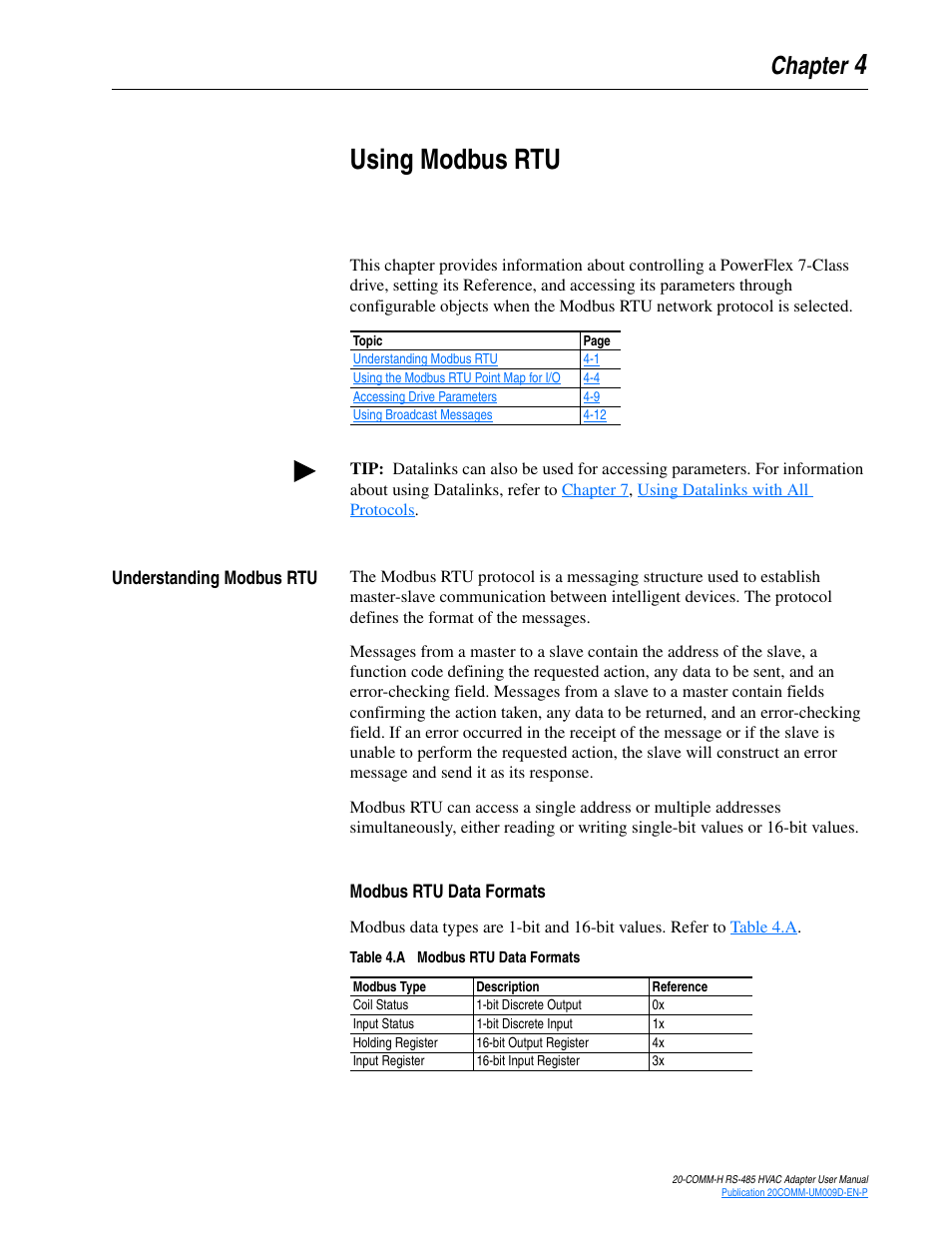 Chapter 4, Using modbus rtu, Understanding modbus rtu | Modbus rtu data formats, Understanding modbus rtu -1, 4using modbus rtu | Rockwell Automation 20-COMM-H RS485 HVAC Adapter FRN 2.xxx User Manual | Page 33 / 100