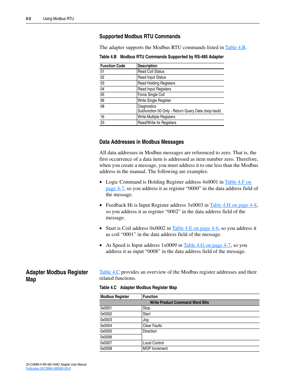 Supported modbus rtu commands, Data addresses in modbus messages, Adapter modbus register map | Adapter modbus register map -2 | Rockwell Automation 20-COMM-H RS485 HVAC Adapter FRN 2.xxx User Manual | Page 34 / 100