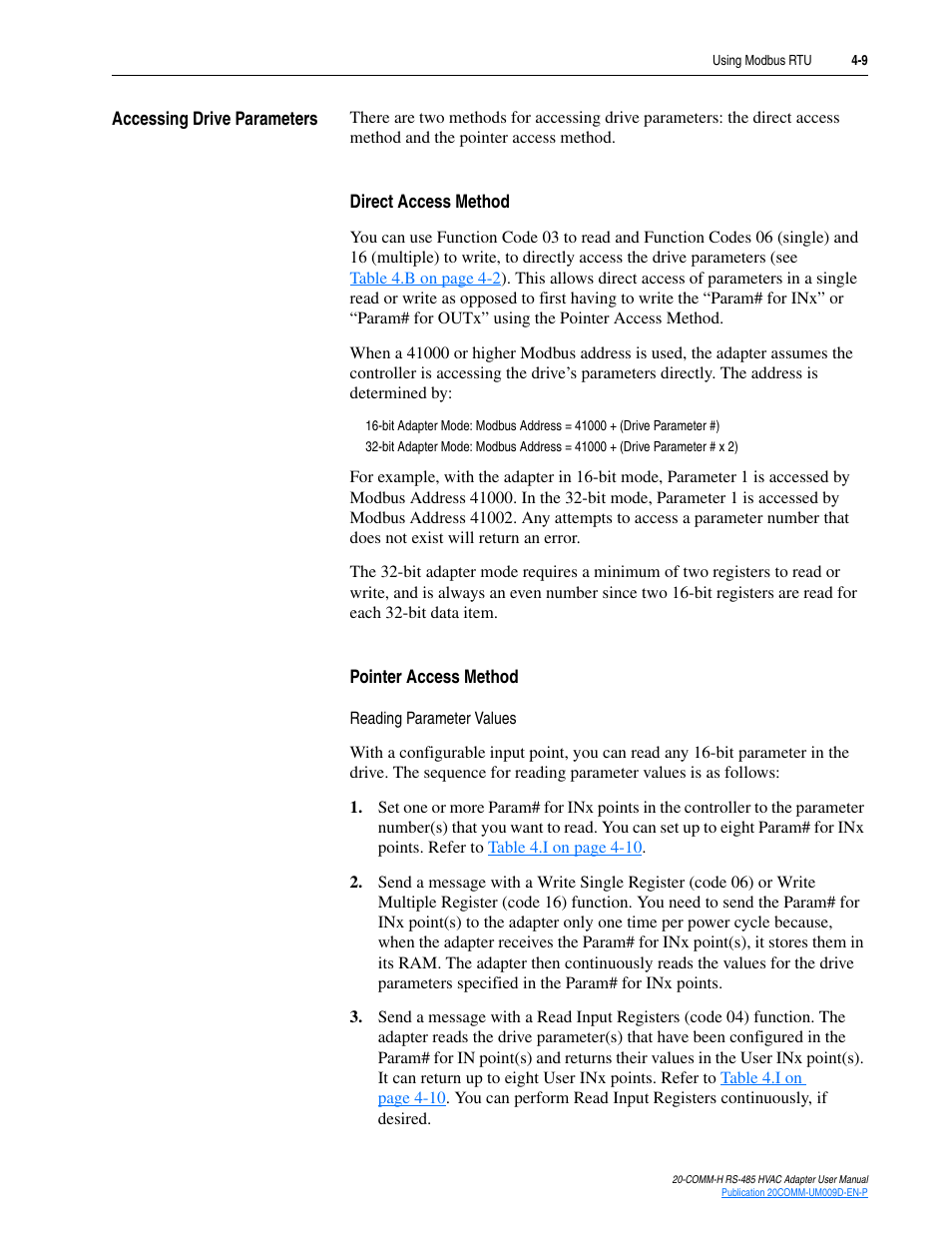 Accessing drive parameters, Direct access method, Pointer access method | Accessing drive parameters -9 | Rockwell Automation 20-COMM-H RS485 HVAC Adapter FRN 2.xxx User Manual | Page 41 / 100