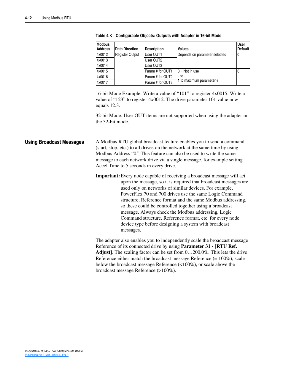 Using broadcast messages, Using broadcast messages -12 | Rockwell Automation 20-COMM-H RS485 HVAC Adapter FRN 2.xxx User Manual | Page 44 / 100