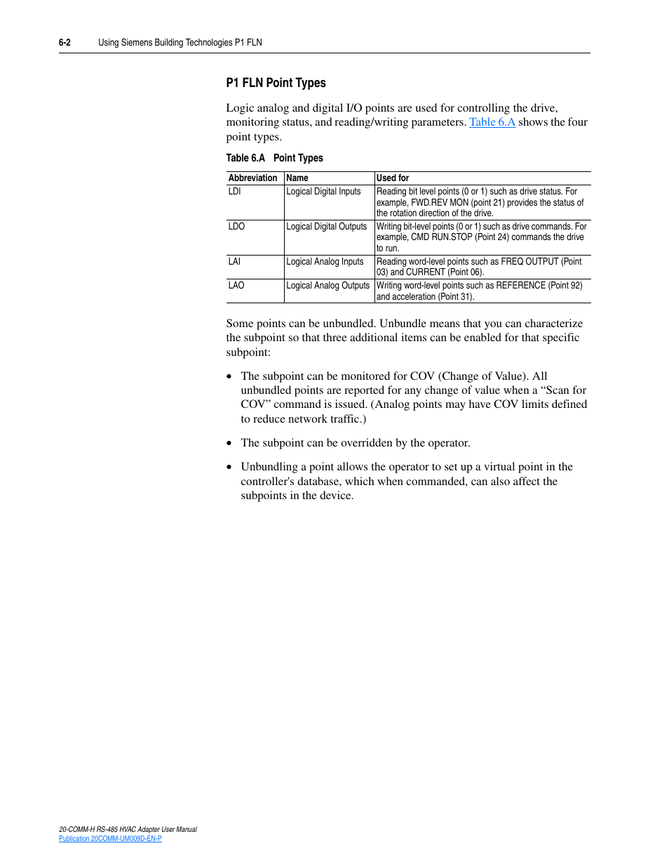 P1 fln point types | Rockwell Automation 20-COMM-H RS485 HVAC Adapter FRN 2.xxx User Manual | Page 58 / 100