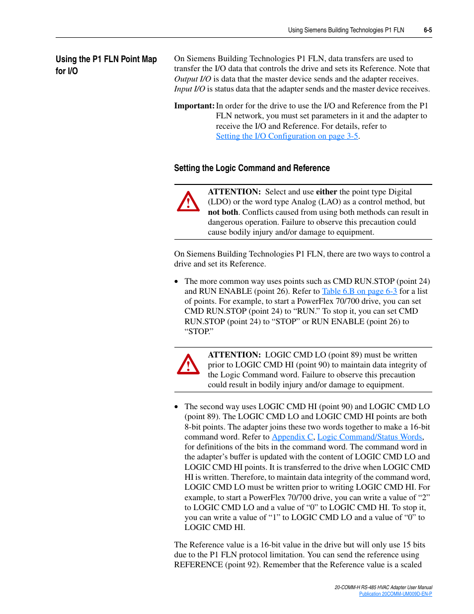 Using the p1 fln point map for i/o, Setting the logic command and reference, Using the p1 fln point map for i/o -5 | Rockwell Automation 20-COMM-H RS485 HVAC Adapter FRN 2.xxx User Manual | Page 61 / 100