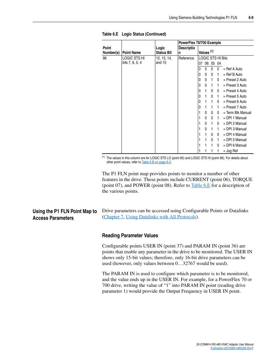 Using the p1 fln point map to access parameters, Reading parameter values, Using the p1 fln point map to access parameters -9 | Rockwell Automation 20-COMM-H RS485 HVAC Adapter FRN 2.xxx User Manual | Page 65 / 100