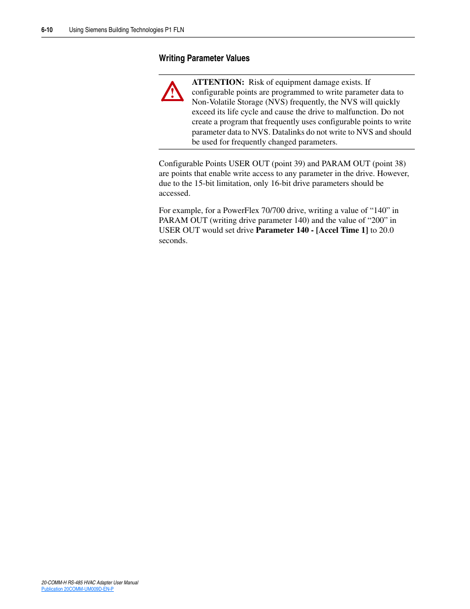 Writing parameter values | Rockwell Automation 20-COMM-H RS485 HVAC Adapter FRN 2.xxx User Manual | Page 66 / 100