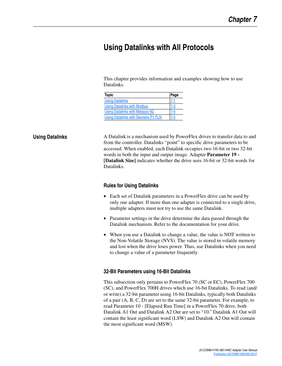 Chapter 7, Using datalinks with all protocols, Using datalinks | Rules for using datalinks, Bit parameters using 16-bit datalinks, Using datalinks -1, About using datalinks, refer to, Using datalinks with all, Protocols | Rockwell Automation 20-COMM-H RS485 HVAC Adapter FRN 2.xxx User Manual | Page 67 / 100