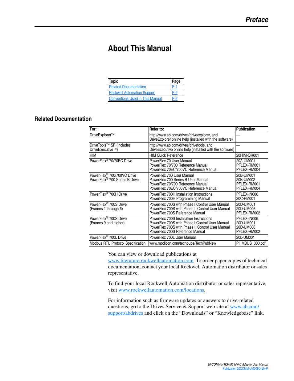 Preface, About this manual, Related documentation | Rockwell Automation 20-COMM-H RS485 HVAC Adapter FRN 2.xxx User Manual | Page 7 / 100