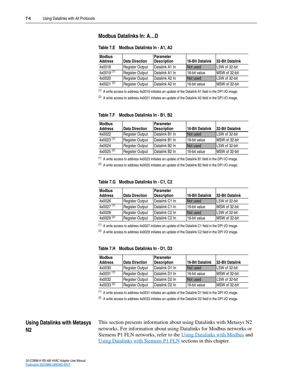 Modbus datalinks in: a…d, Using datalinks with metasys n2, Using datalinks with metasys n2 -4 | Orks, refer to the | Rockwell Automation 20-COMM-H RS485 HVAC Adapter FRN 2.xxx User Manual | Page 70 / 100